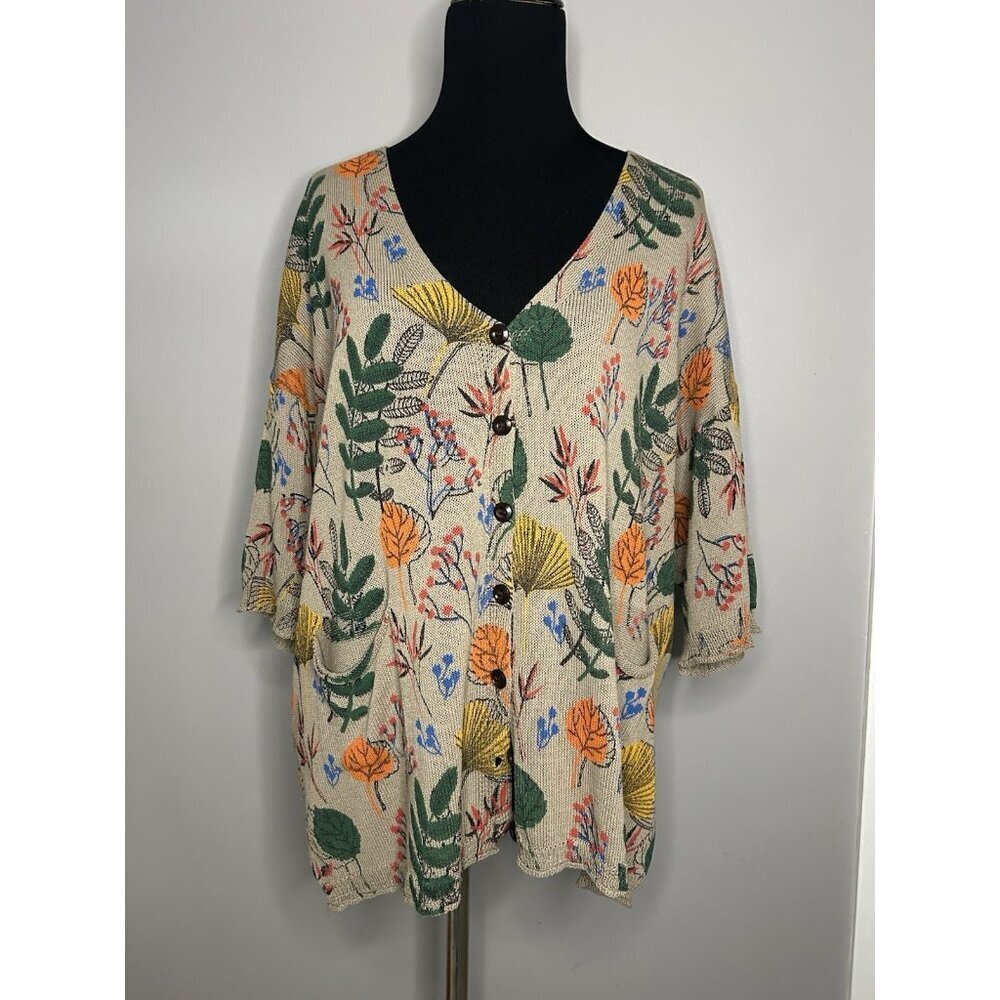Buykud Button Floral Printed Cardigan Sweater Women L Vintage Pockets Colorful